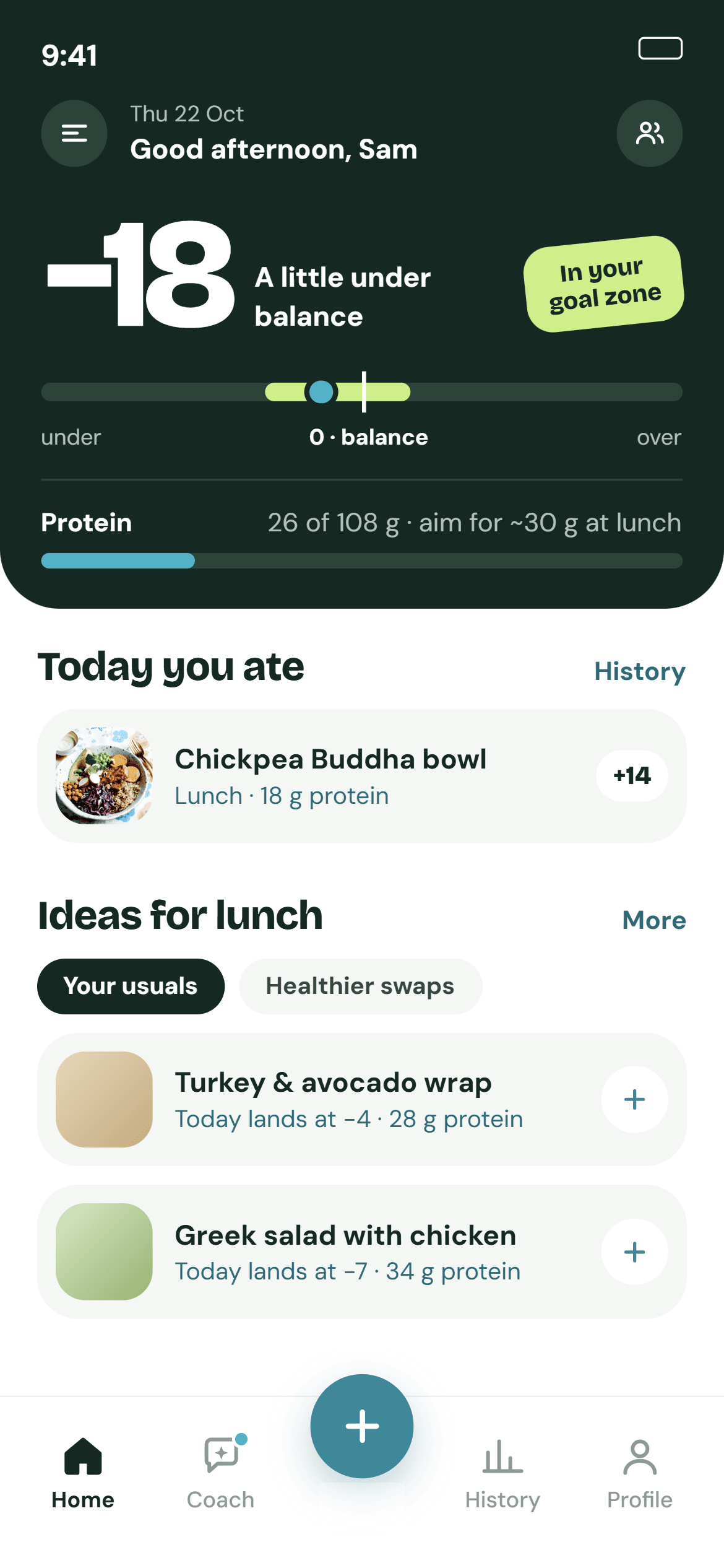 The new Nutu app home screen: a score of −18 (a little under balance, in the goal zone), protein progress, today’s meals and lunch ideas